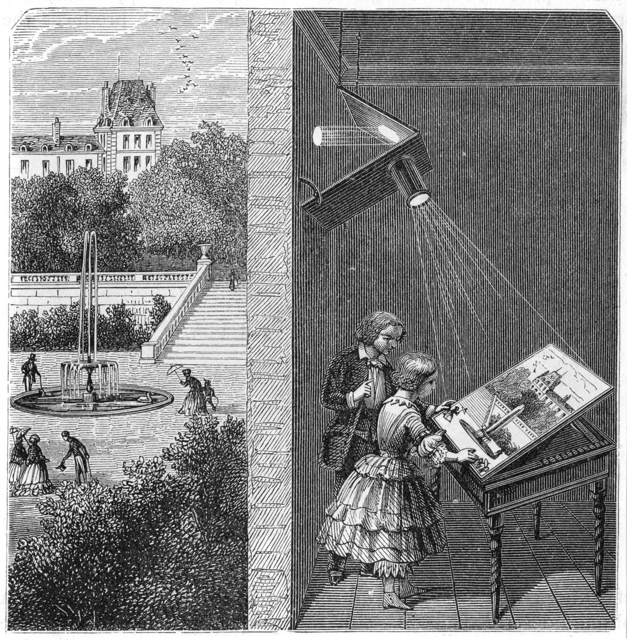 Enfants regardant une scène extérieure à travers une camera obscura, 1887 - Unbekannt