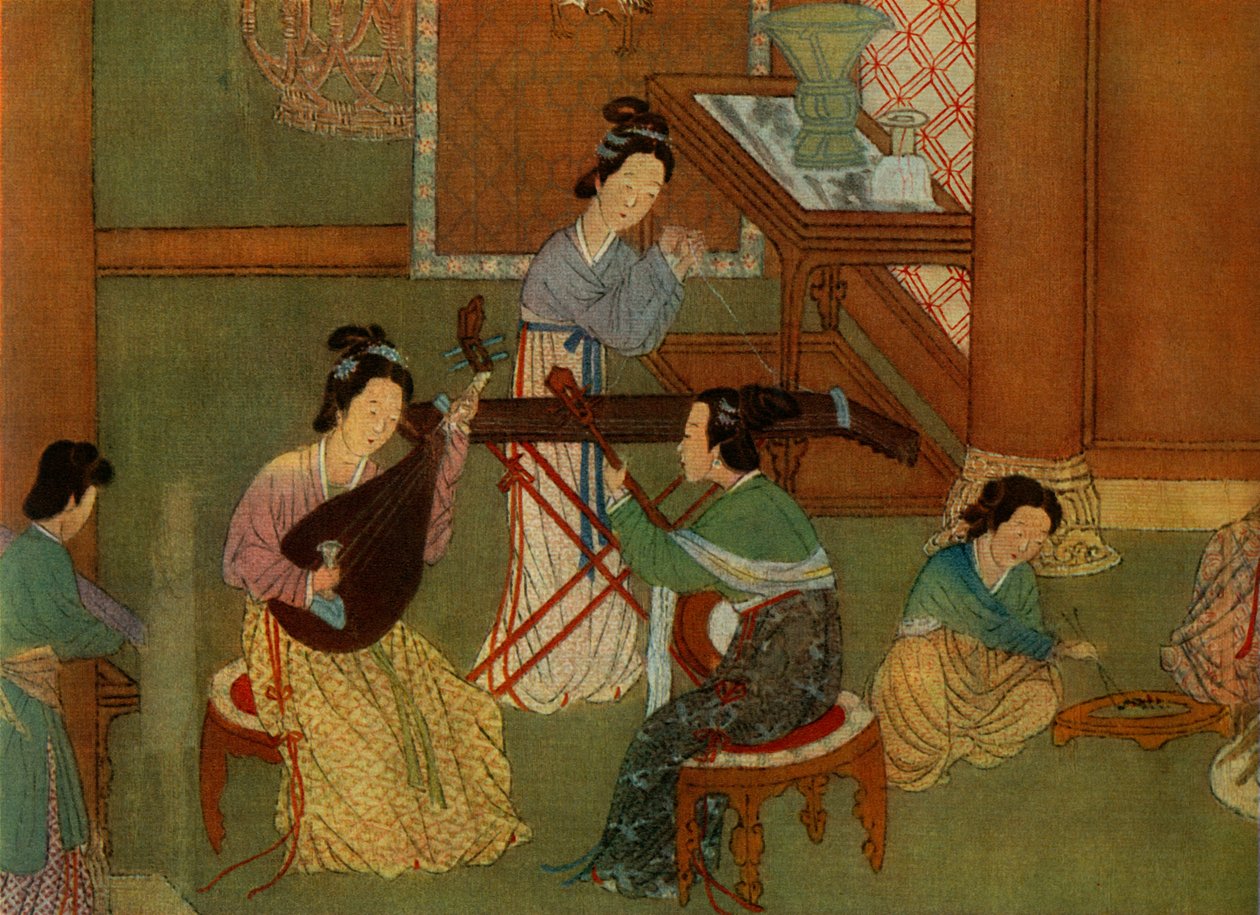 Luth chinois pi-pa, guitare lune yue-chin et cithare de table tchin, détail d