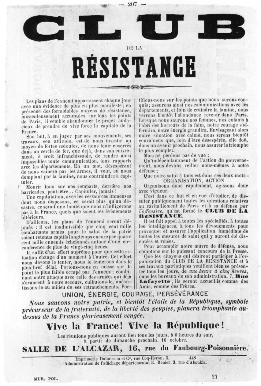 Club de la Résistance, des affiches politiques françaises de la Commune de Paris, mai 1871 - Unbekannt