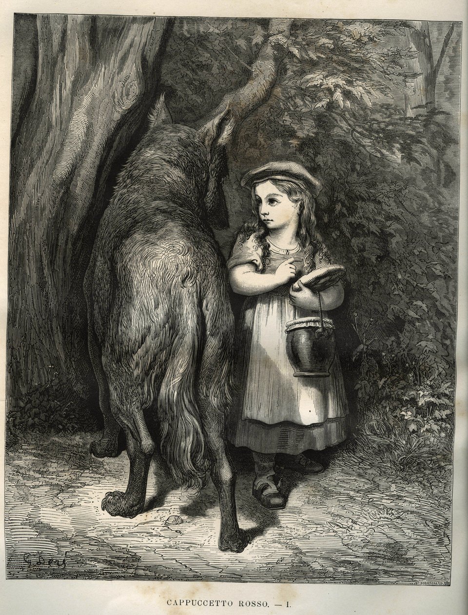 En traversant les bois, le Petit Chaperon rouge rencontre le loup. Gravure de Gustave Doré d