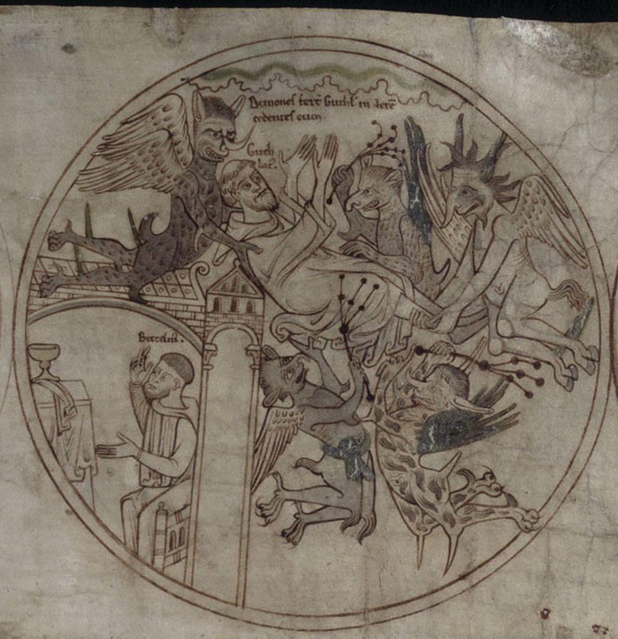 Démons attaquant Guthlac, Manuscrit La vie de Saint Guthlac, début du 12ème siècle - Unbekannt