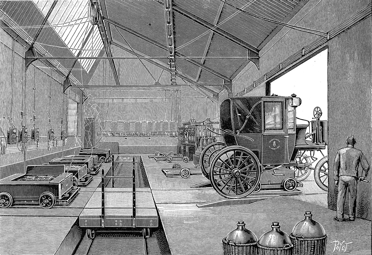Dépôt où les taxis électriques parisiens étaient équipés de batteries fraîchement chargées, 1899 - Unbekannt