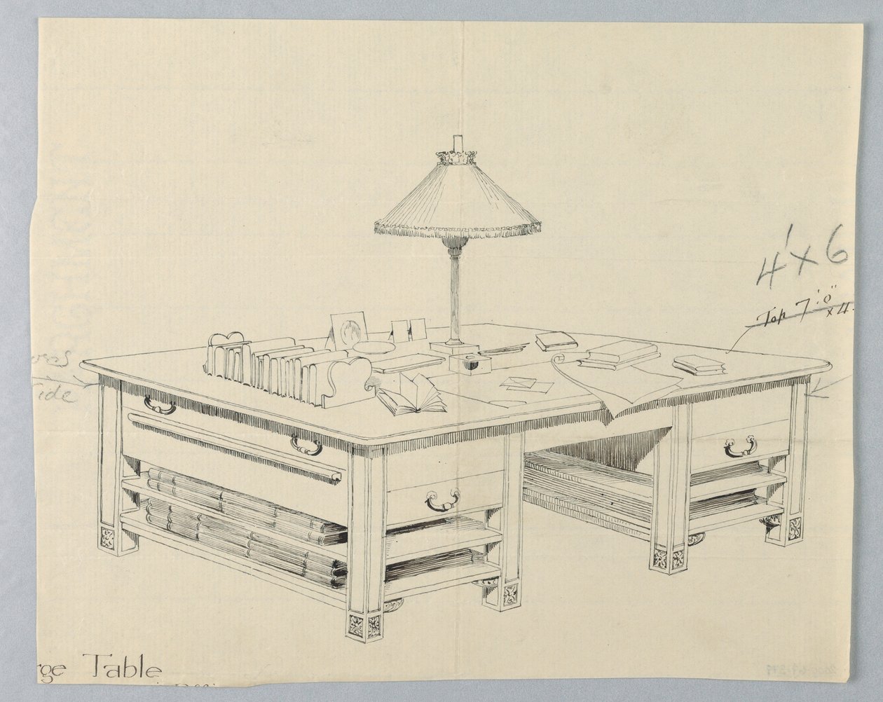 Conception pour une table de bibliothèque massive avec deux étagères ouvertes de chaque côté, 1900-1905 - Unbekannt
