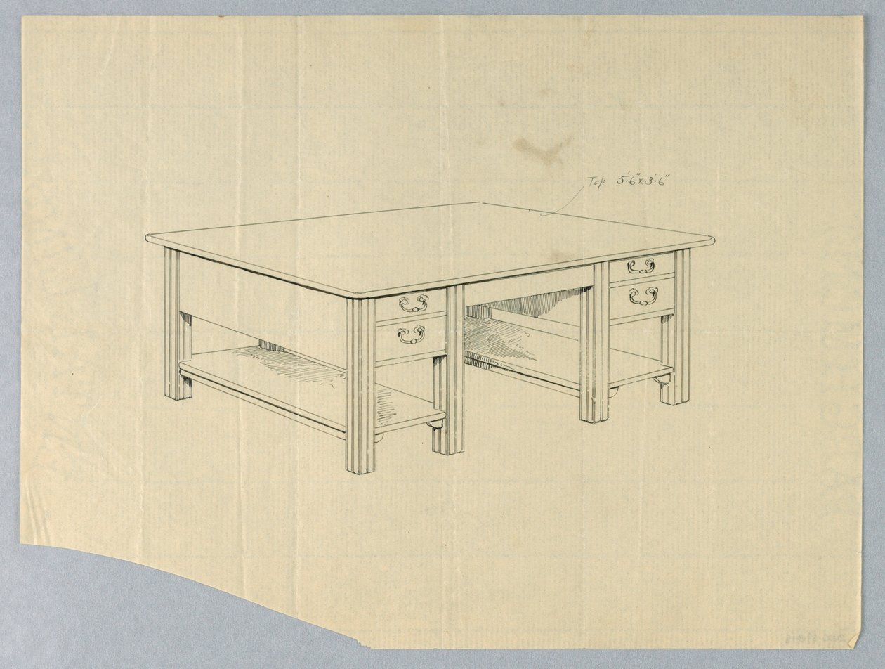 Dessin, Design pour une table de bibliothèque massive avec pieds cannelés carrés et étagères ouvertes - Unbekannt