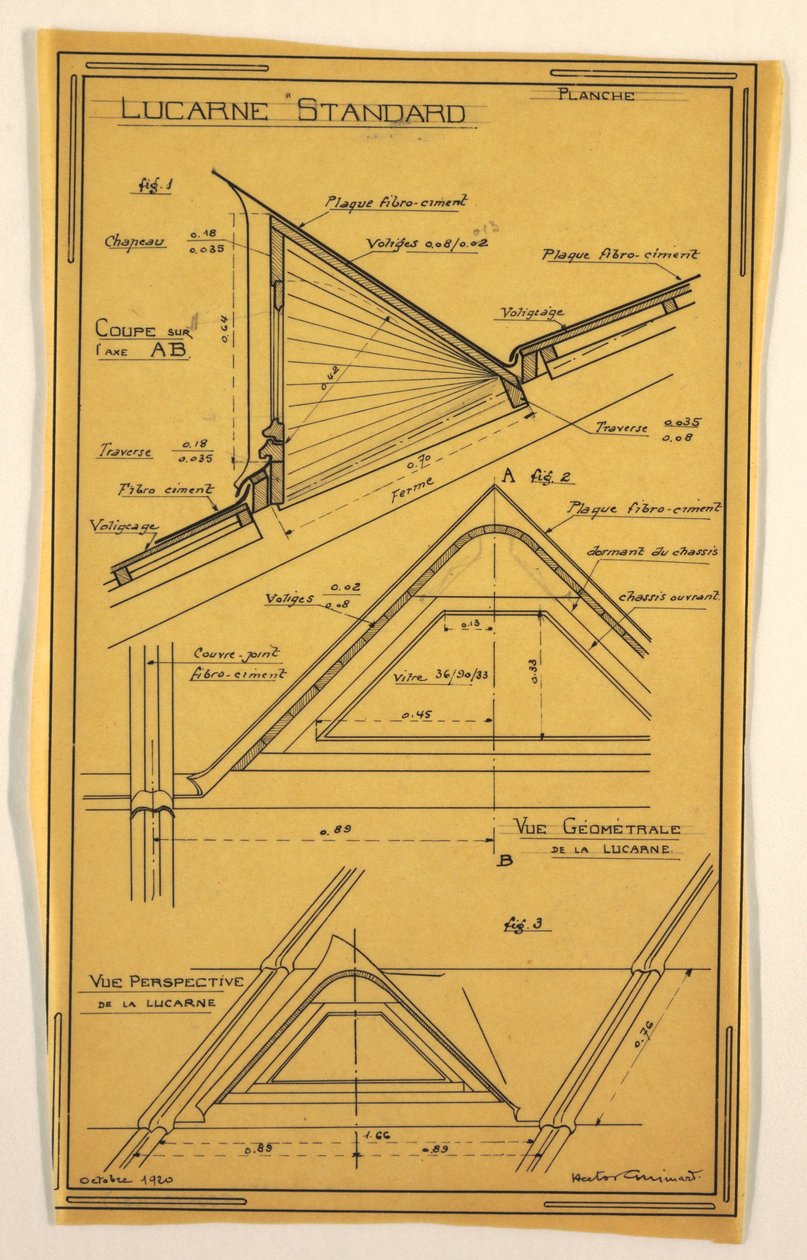 Dessin, conception pour une maison de masse opérationnelle conçue par Hector Guimard, construction de la lucarne, octobre 1920 - Unbekannt