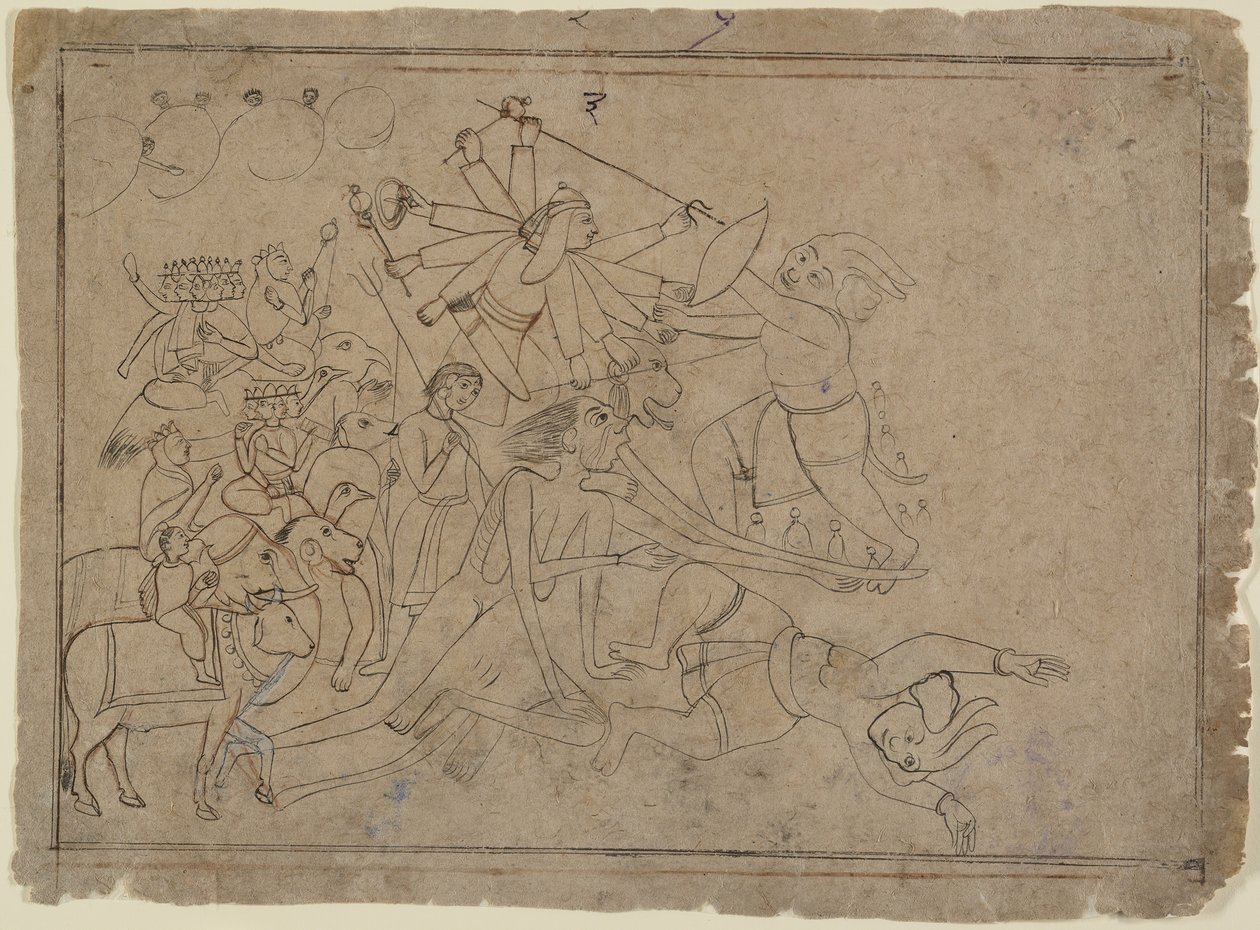 Durga, Kali, et les Matrikas combattent le démon Raktabija : Scène du Devi Mahatmya, vers 1780 - Unbekannt