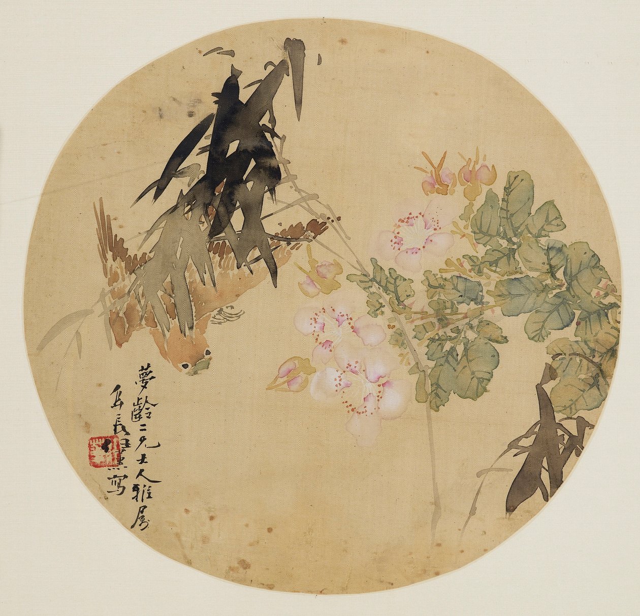 Peinture sur éventail - Fleur et oiseau, XIXe siècle - Unbekannt
