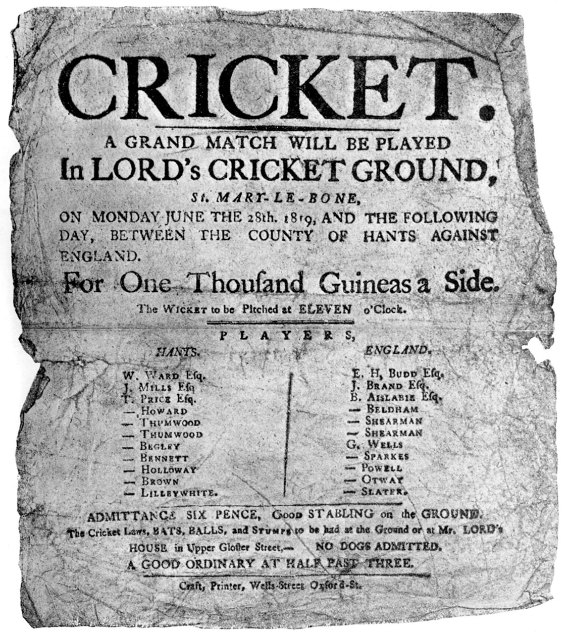 Flyer annonçant un match de cricket entre Hampshire et l