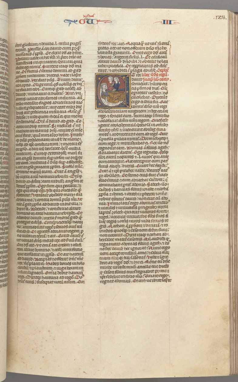Fol. 123r, Rois III, initiale historiée E, un assistant amenant Abishag à David..., c. 1275-1300 - Unbekannt