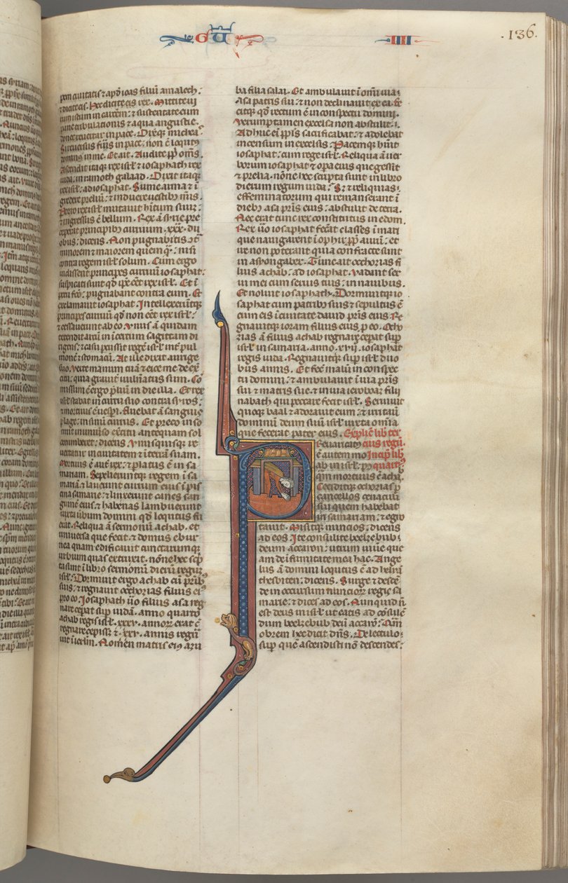 Fol. 136r, Rois IV, initiale historiée P, Achazia tombant d