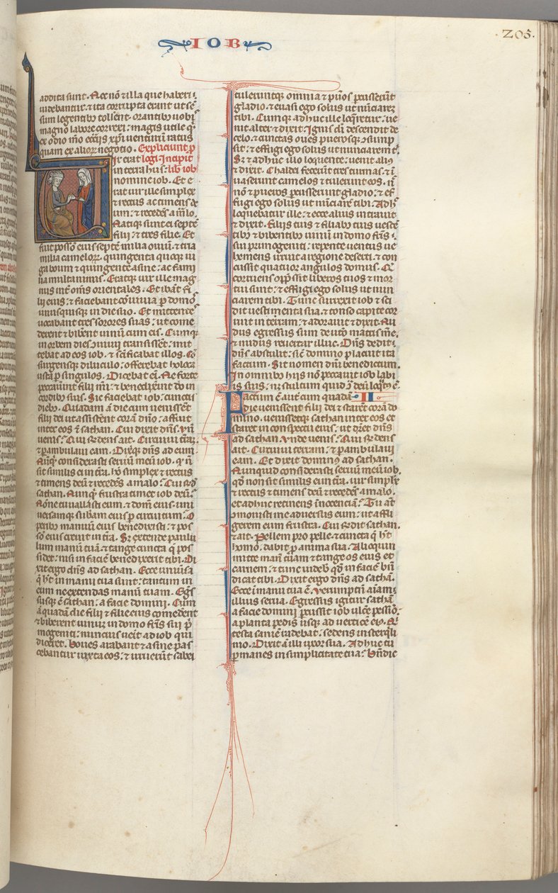 Fol. 205r, Job, initiale historiée V, Job sur le tas de fumier recevant une boucle d