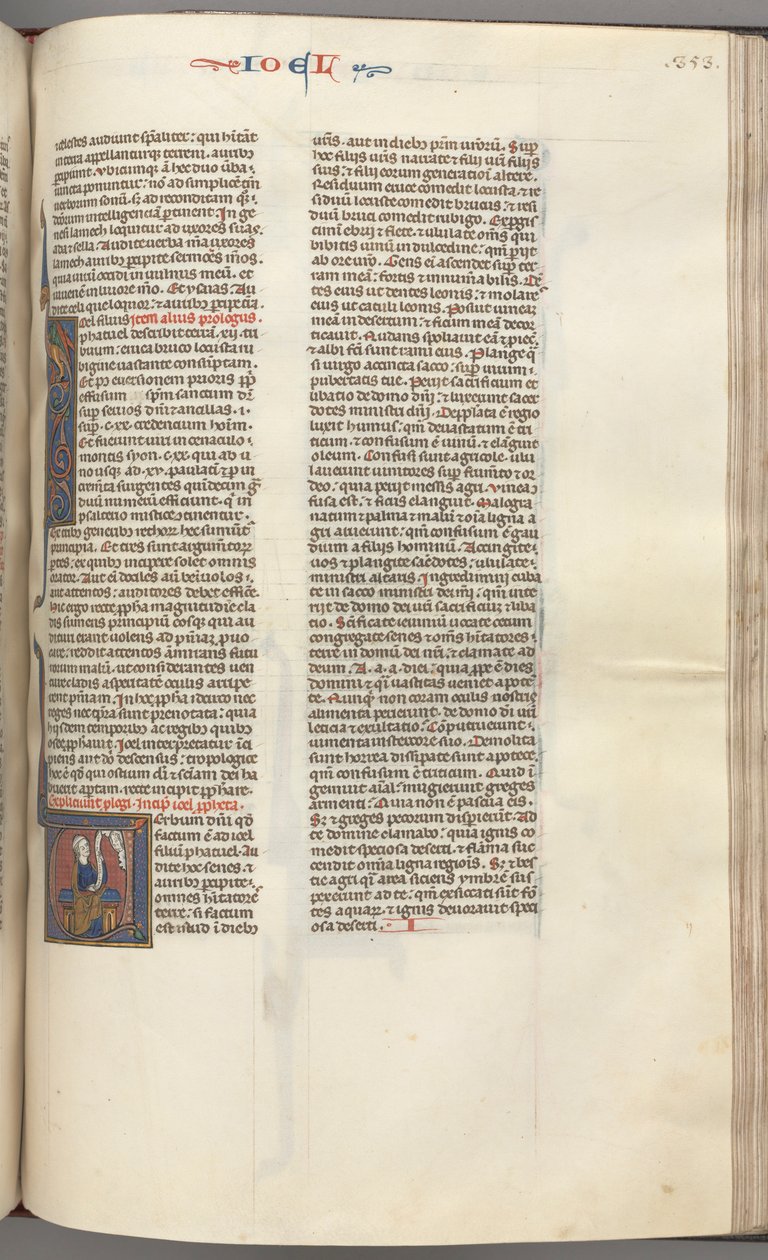 Fol. 353r, Joël, initiale historiée V, Joël assis avec un rouleau, buste de Dieu au-dessus, vers 1275-1300 - Unbekannt