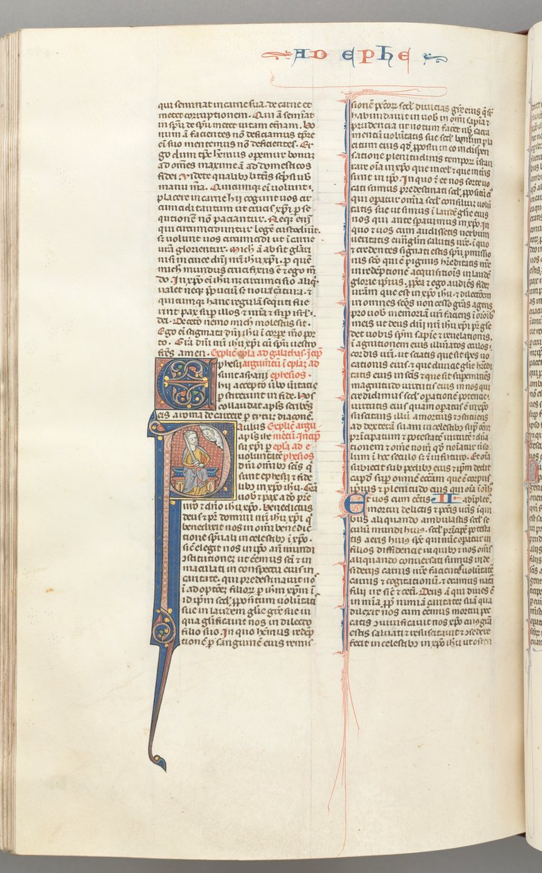 Fol. 450v, Éphésiens, initiale historiée P, Paul assis avec une épée, le buste de Dieu au-dessus, vers 127 - Unbekannt