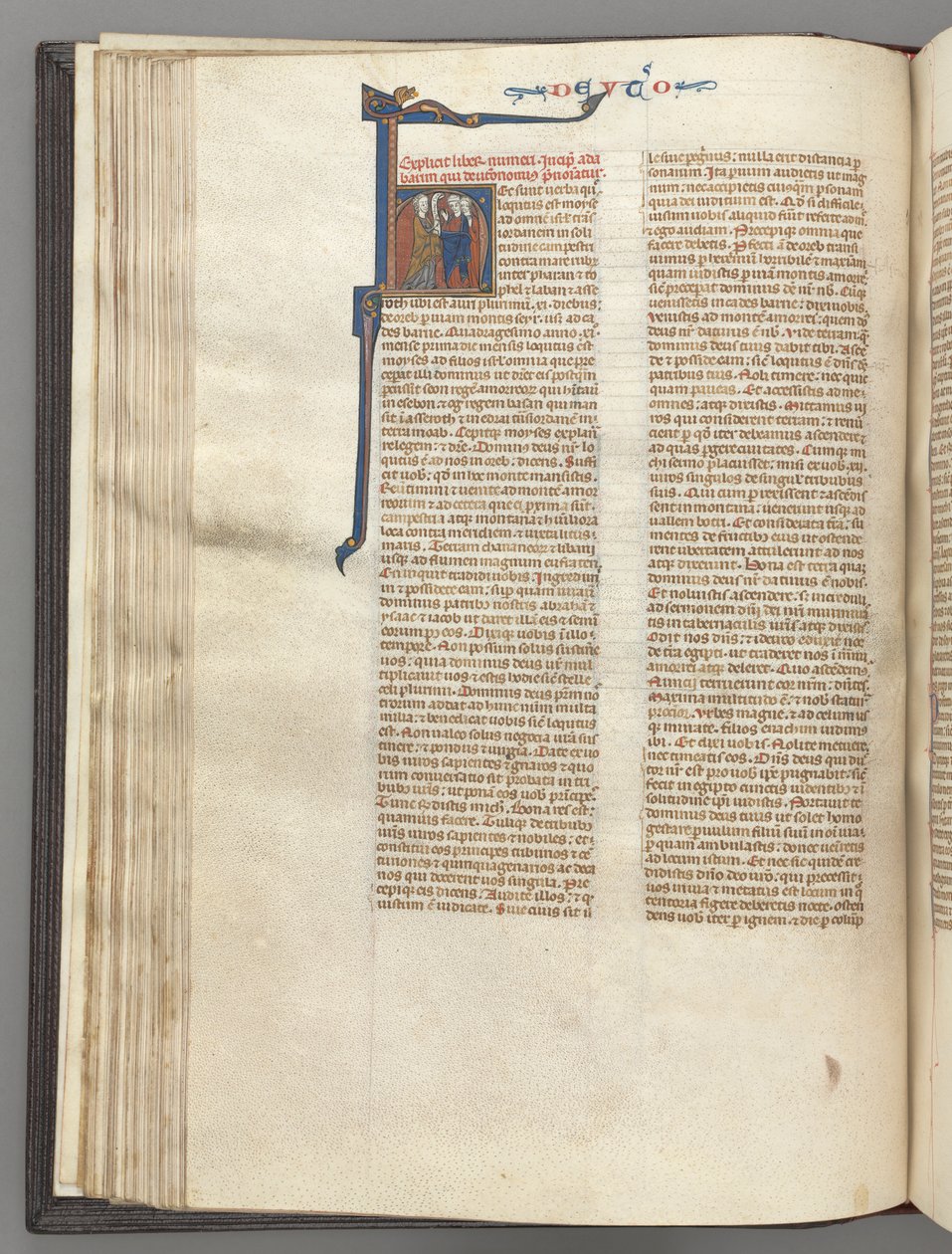 Fol. 62v, Deutéronome, initiale historiée H, Moïse avec des cornes et un rouleau prêchant..., c. 1275-1300 - Unbekannt