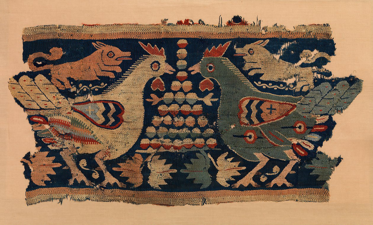Fragment de tenture murale avec coqs affrontés et chiens courant, copte - Unbekannt