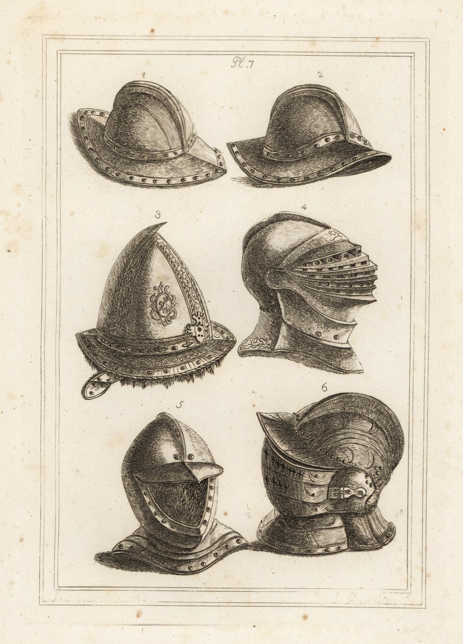 Casque en fer français, casque en acier gravé du 16ème siècle, grand casque brillant, casque ouvert, casque orné avec visière - Unbekannt