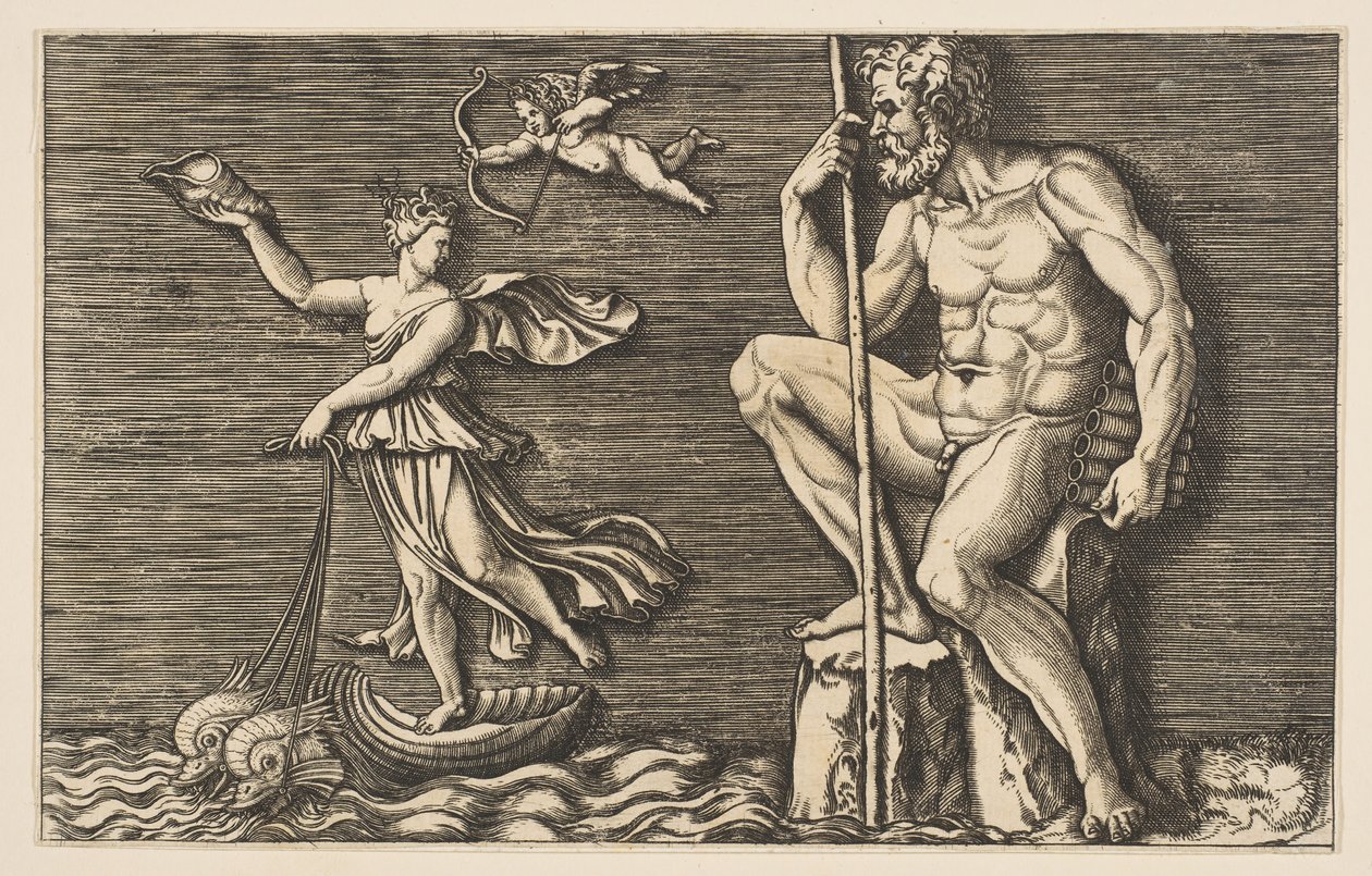 Galatée échappant à Polyphème, il est assis sur un rocher tenant un bâton et des pipes, vers 1515-1600 - Unbekannt
