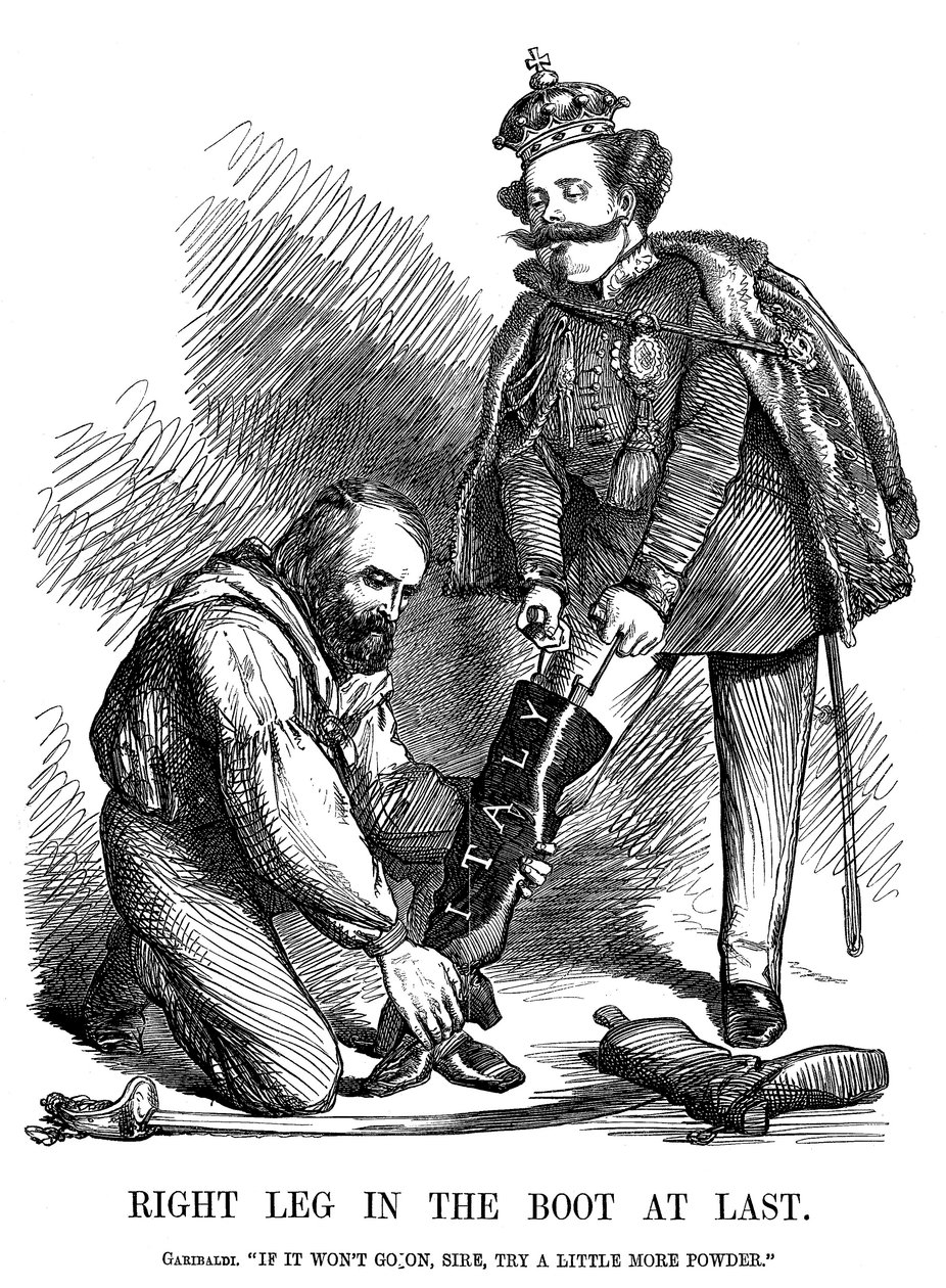 Giuseppe Garibaldi aidant Victor Emmanuel II à enfiler la botte de l