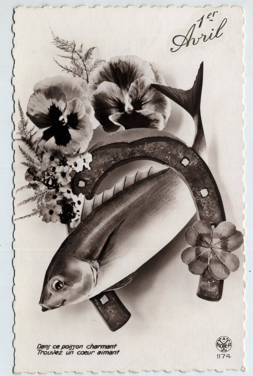 Carte de vœux pour le 1er avril : un poisson, un fer à cheval, un trèfle à quatre feuilles et des pensées - Unbekannt