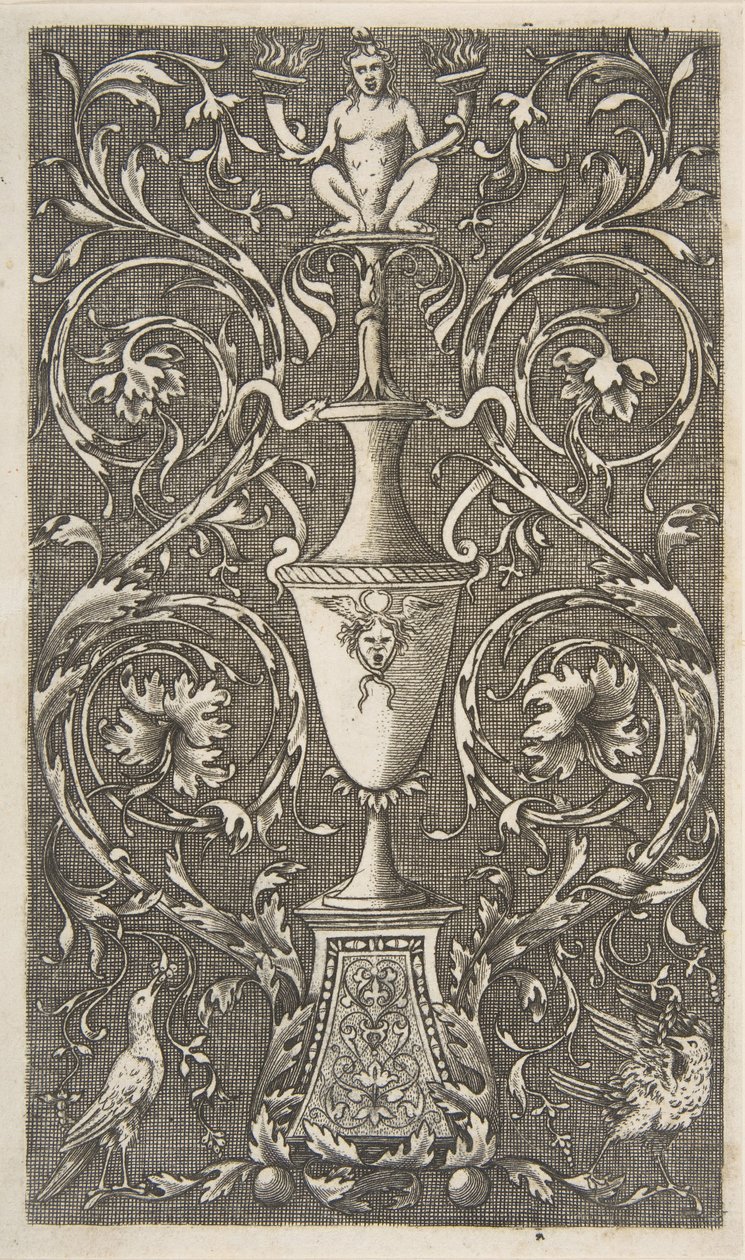 Grotesque avec un vase, des oiseaux et des volutes d