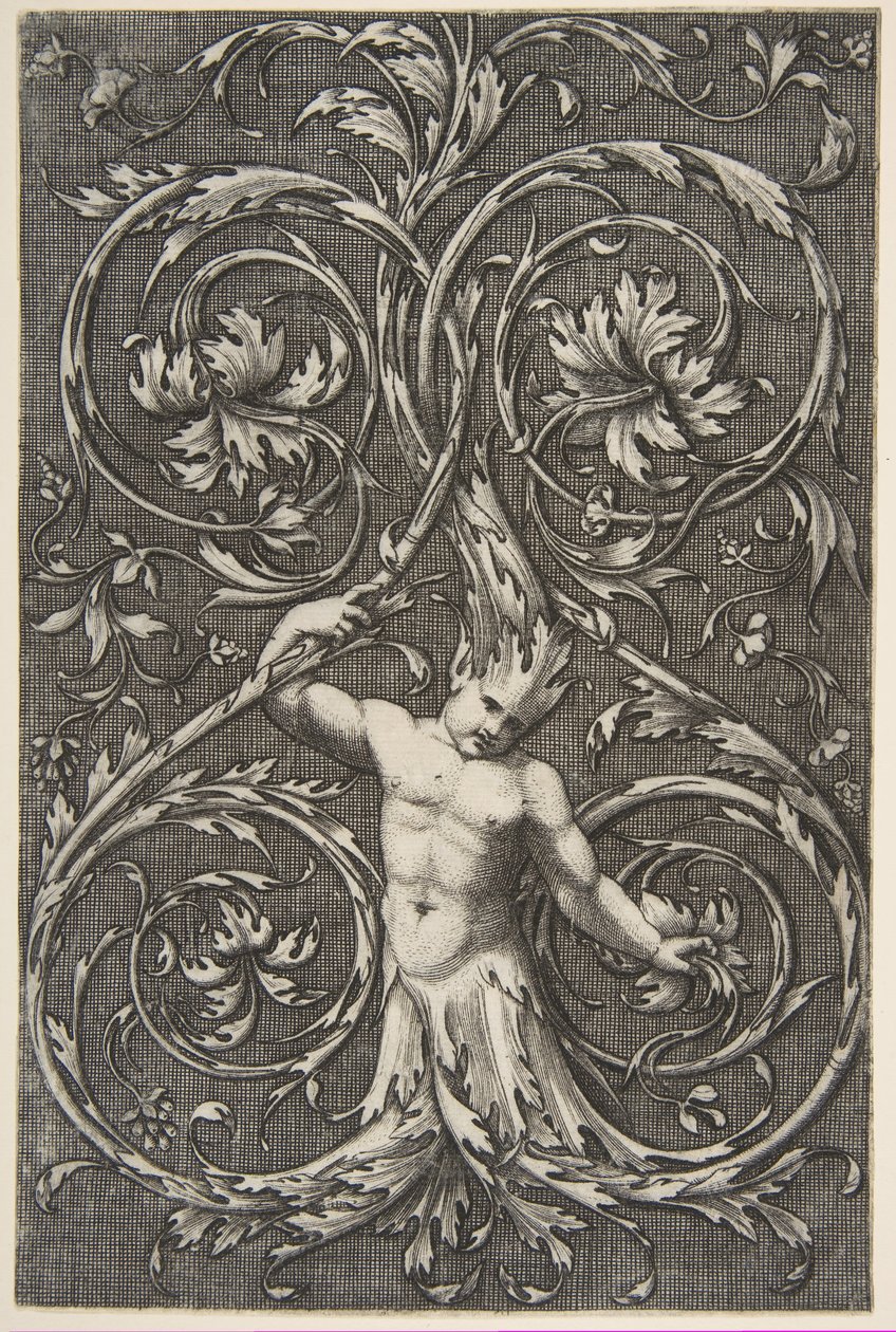 Grotesque avec figure masculine avec corps inférieur et tête de volutes d