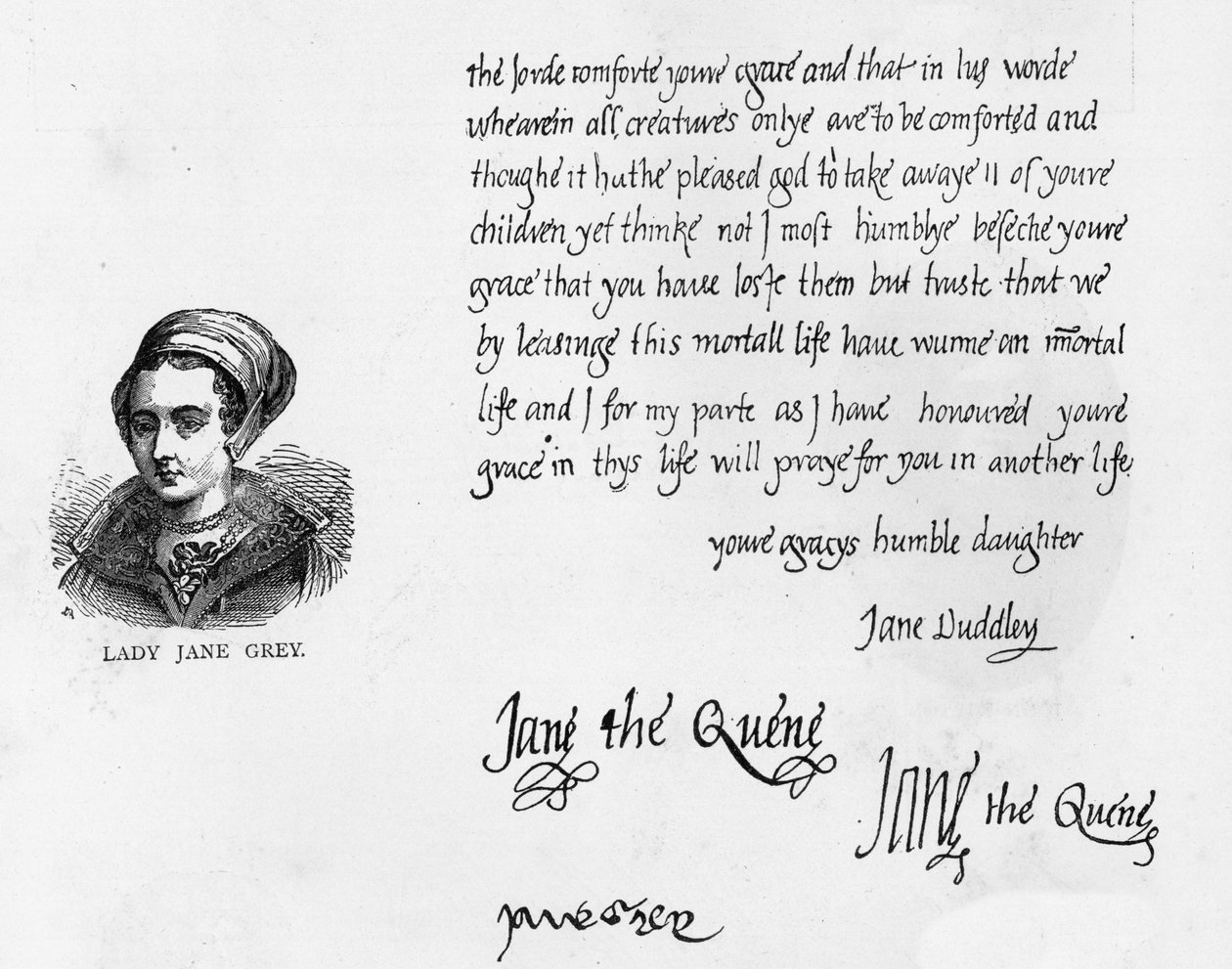 Écriture et signatures de Lady Jane Grey en tant que reine avec une lettre signée Jane Dudley et écrite à son père, le duc de Suffolk, juste avant son exécution - Unbekannt