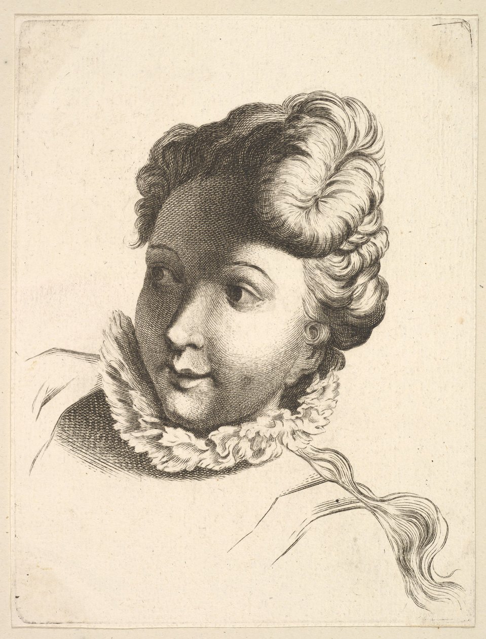 Tête de femme portant une fraise, de Livre de Têtes Gravées d