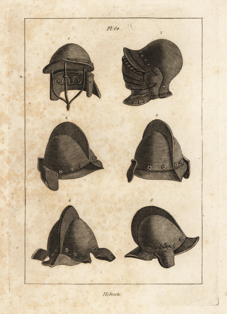 Casque avec mentonnière ouvrante vers le bas à la Tour de Londres 1, casque à double barre 2, et salet avec oreillettes 3-6 - Unbekannt