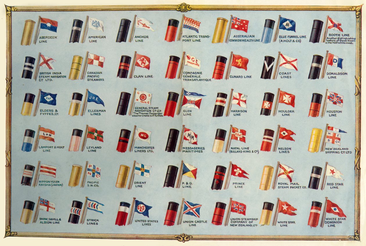 Drapeaux et cheminées des lignes de paquebots, vers 1930 - Unbekannt