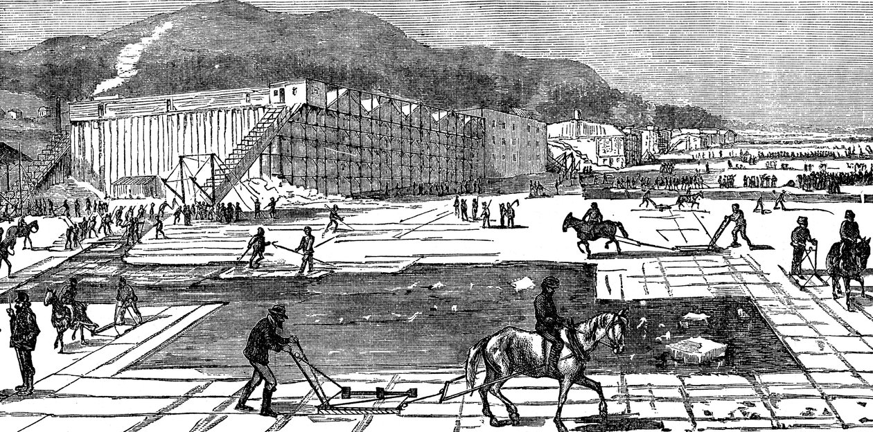Collecte de glace sur la rivière Hudson près de New York, USA, 1875 - Unbekannt