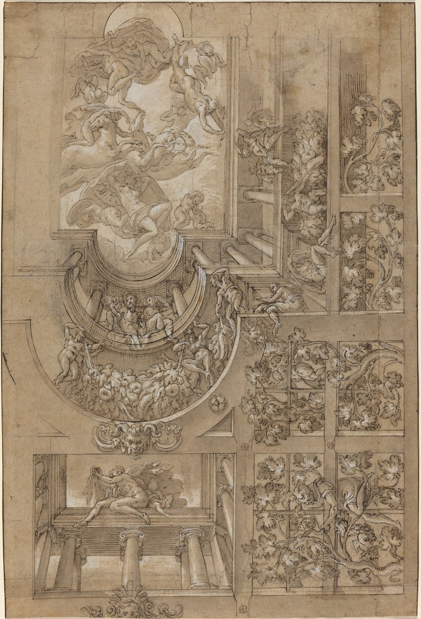 Plafond illusionniste avec une tonnelle de raisin, des figures posées sur des galeries, et un centre..., vers 1570-1580 - Unbekannt