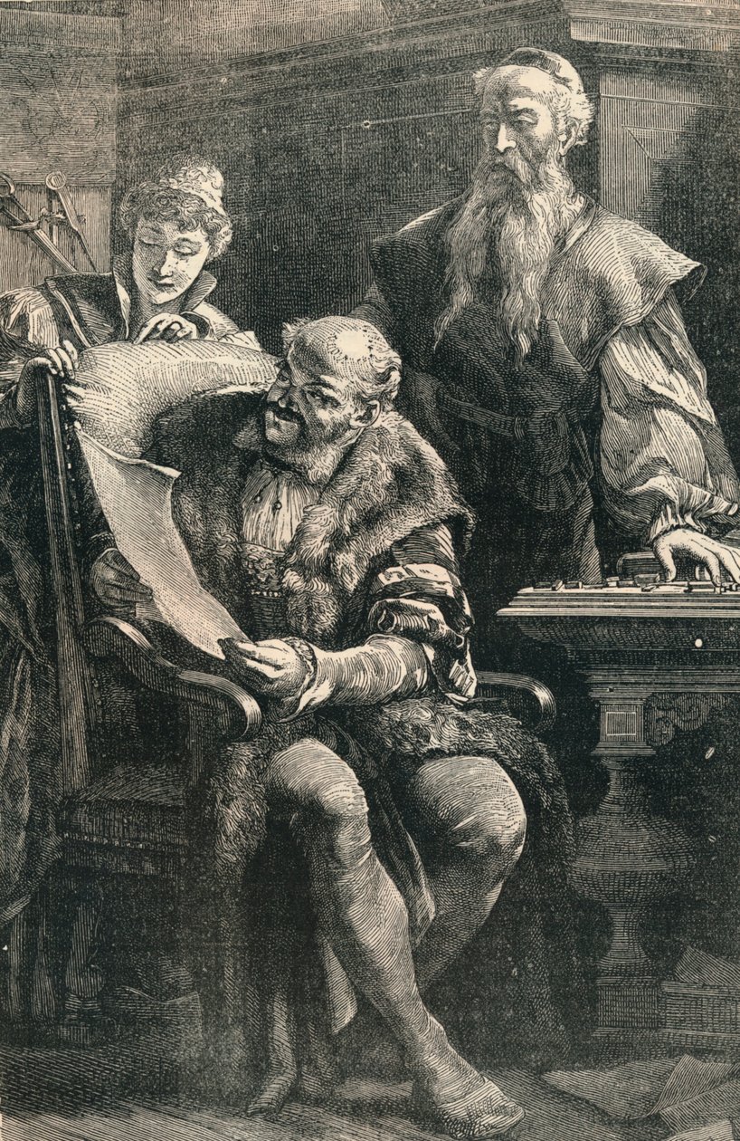 Johannes Gutenberg montrant une partie du premier livre imprimé à Faust, 14ème siècle - Unbekannt