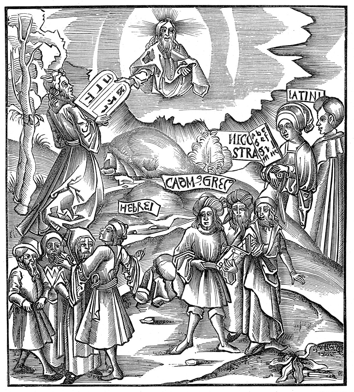 Langues : Moïse recevant de Dieu les tables de la Loi en hébreu, 1512 - Unbekannt