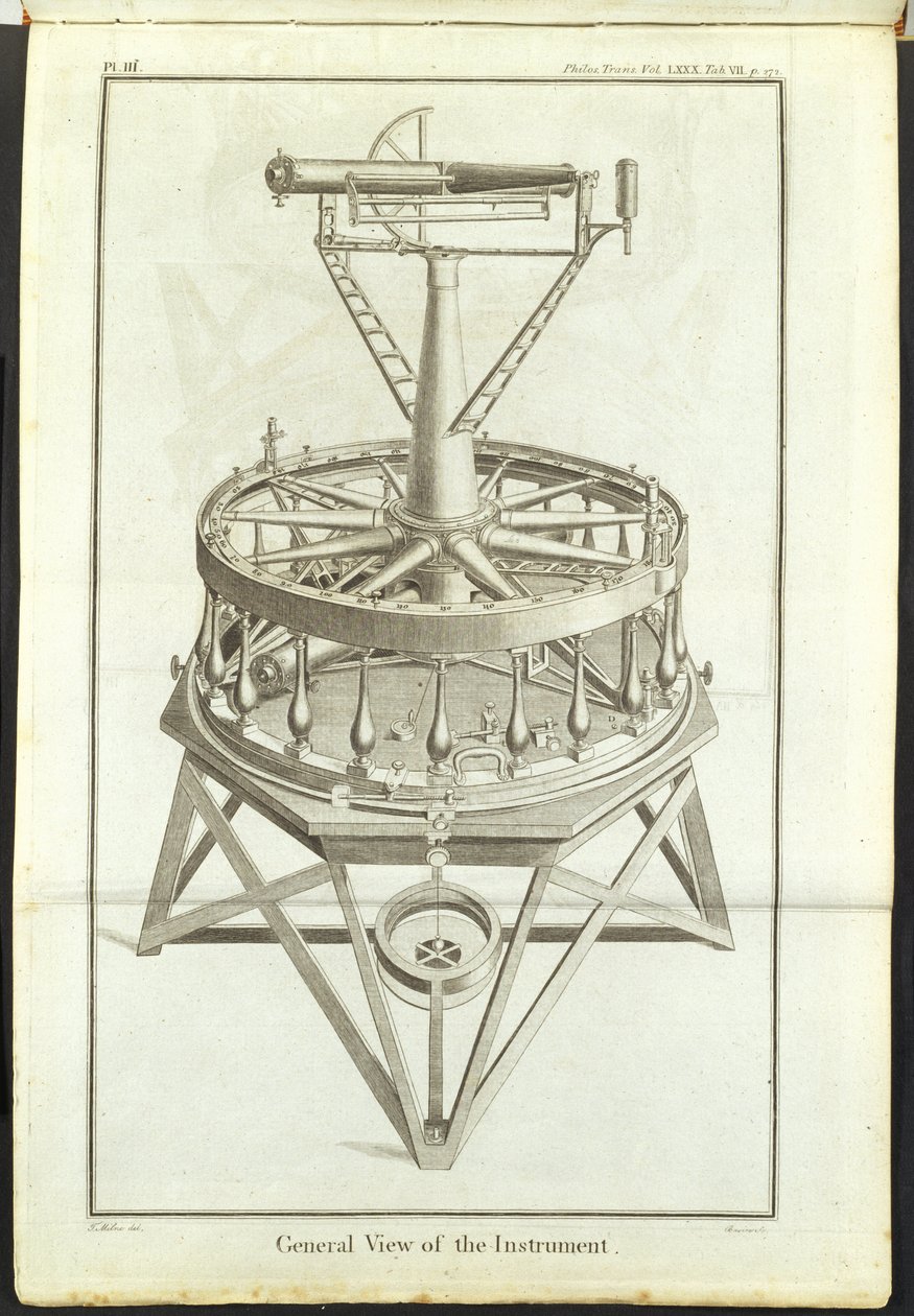 Gravure de la première grande théodolite (cercle horizontal de 3 pieds) représentée dans les Transactions philosophiques de la Royal Society Vol - Unbekannt