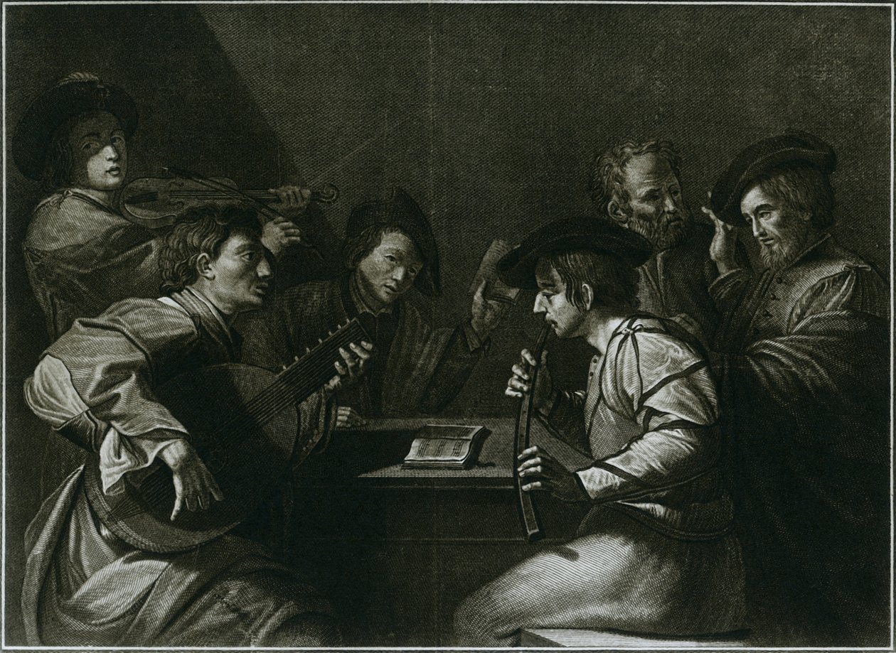 Luth, violon et zink courbé noir, gravure italienne de l