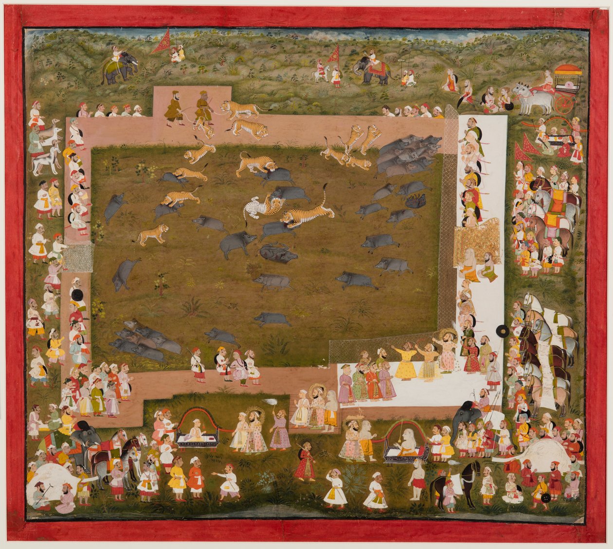 Maharaja Sangram Singh et sa cour observent un combat entre tigres et sangliers à Sadri, vers 1720 - Unbekannt