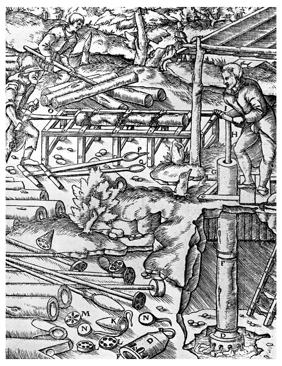 Fabrication et utilisation de pompes en orme pour drainer les mines avant l