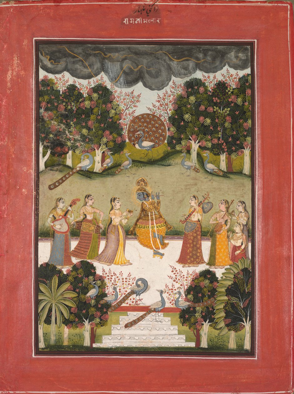 Malar Ragini : Krishna jouant de la flûte à sept Gopis tenant des instruments de musique..., vers 1760 - Unbekannt