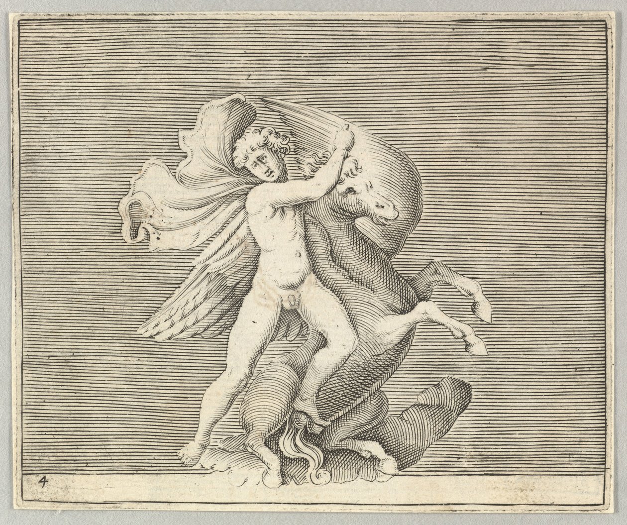 Homme luttant avec un cheval ailé, publié vers 1599-1622 - Unbekannt
