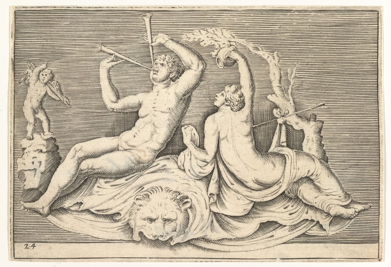 Homme jouant de deux flûtes et femme sur une peau de lion, publié vers 1599-1622 - Unbekannt