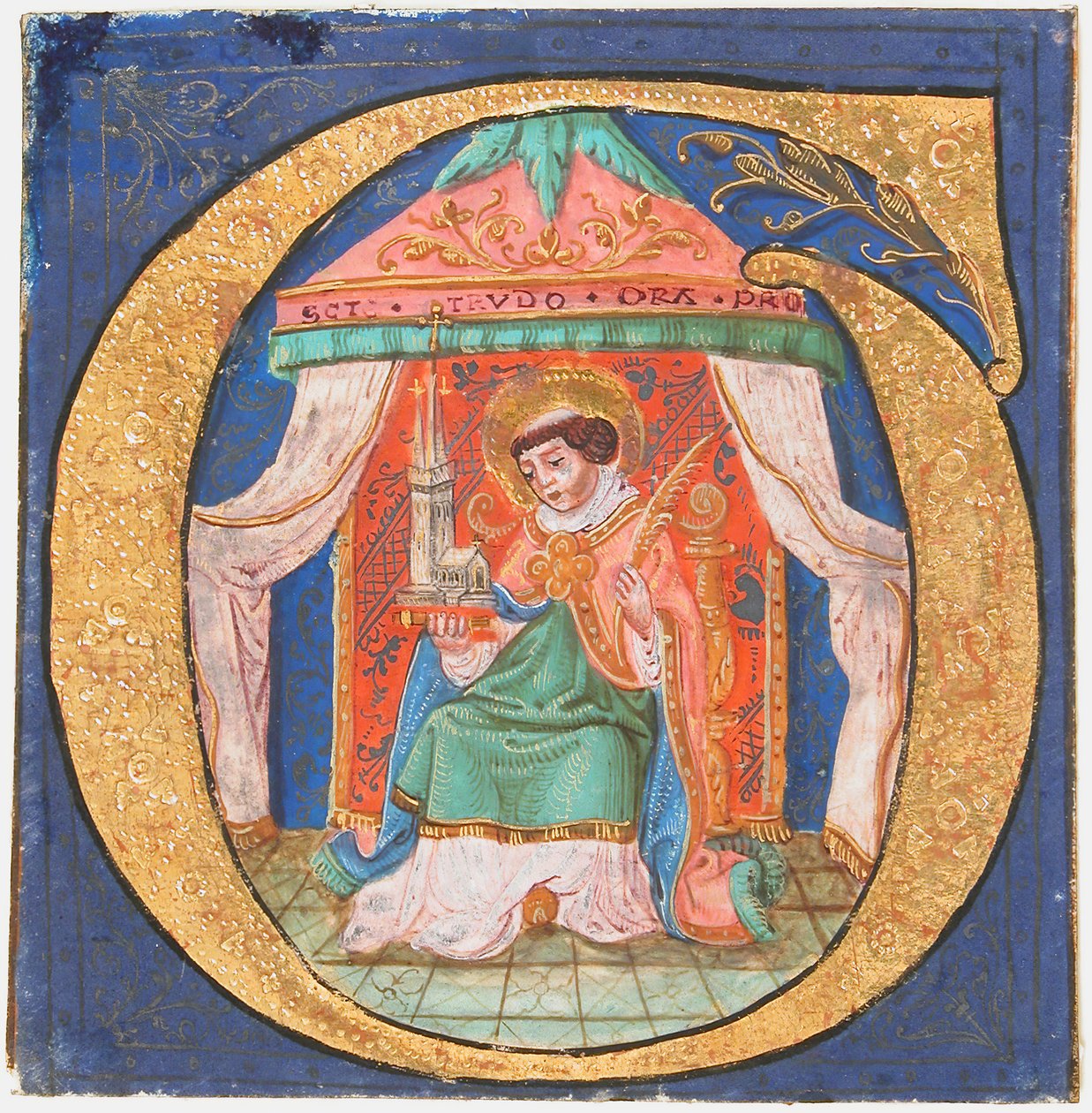 Enluminure de manuscrit avec Saint Trudo Trond dans une initiale O, d