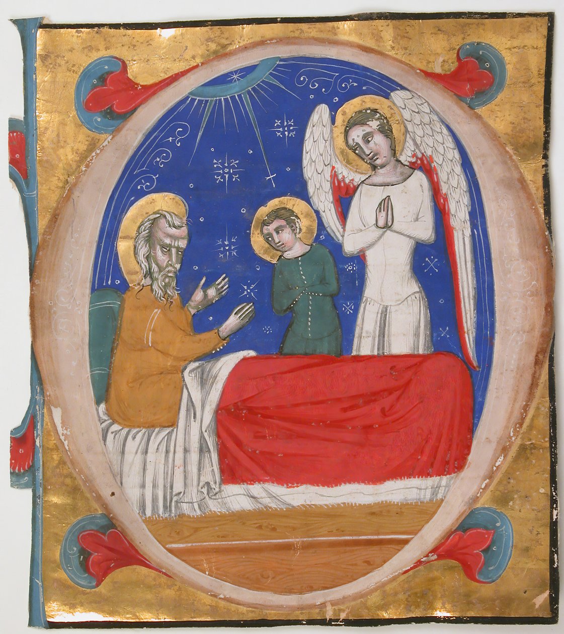 Enluminure de manuscrit avec Tobie, Tobias et l