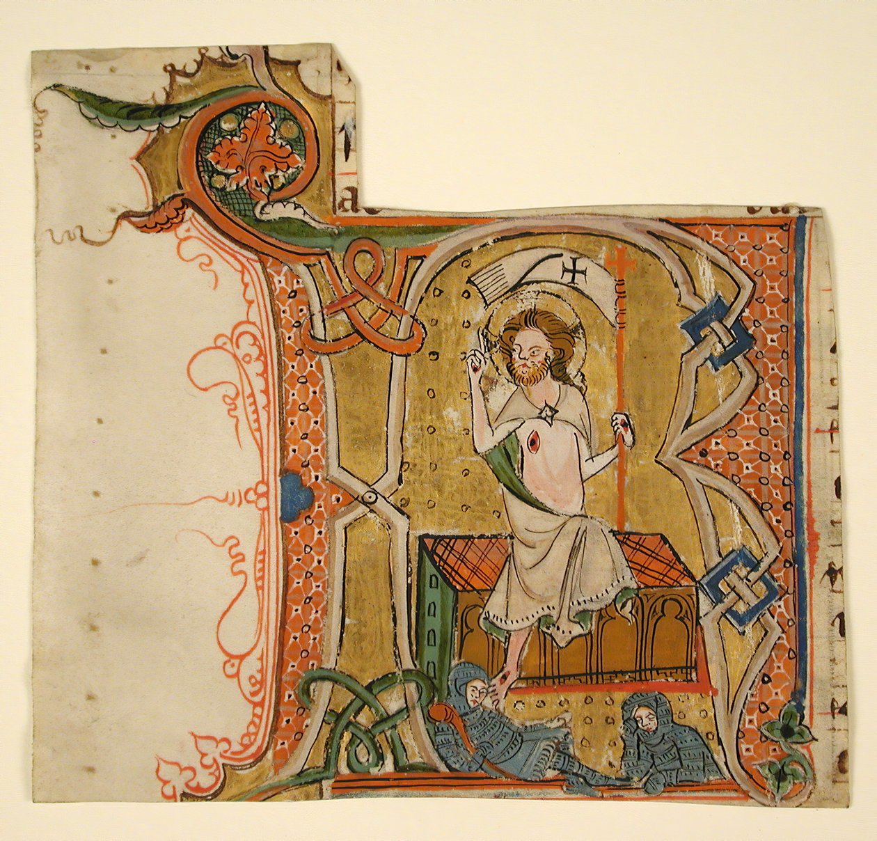 Feuille de manuscrit montrant une initiale R illuminée avec La Résurrection, fin XIIIe siècle - Unbekannt