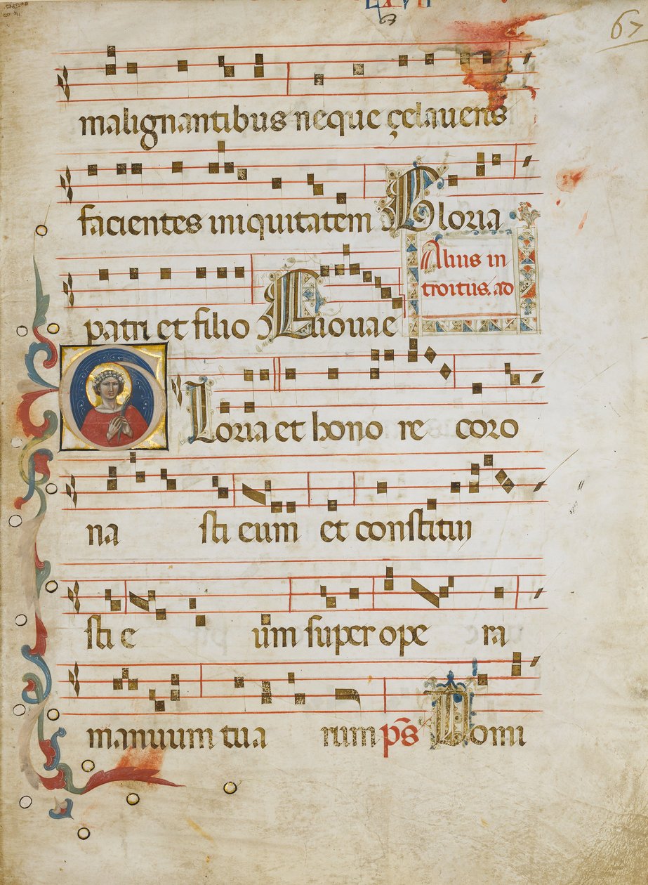 Feuille de manuscrit avec une sainte femme possiblement Dorothée dans une Initiale G, d
