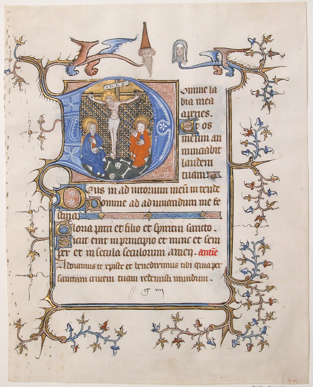 Feuille de manuscrit avec la Crucifixion dans une initiale D, d