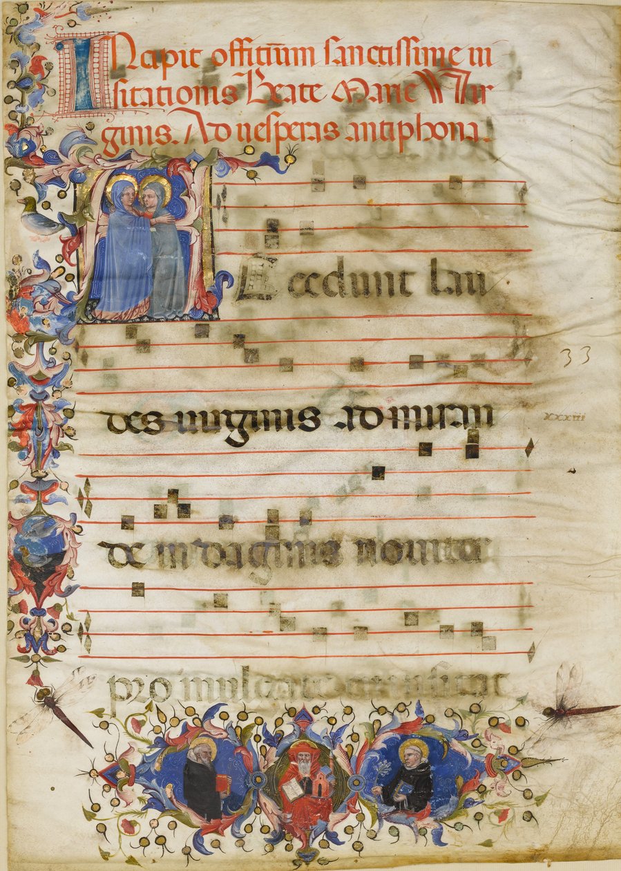 Feuille de Manuscrit avec la Visitation dans une Initiale A et le Cardinal Adam Easton..., vers 1400 - Unbekannt