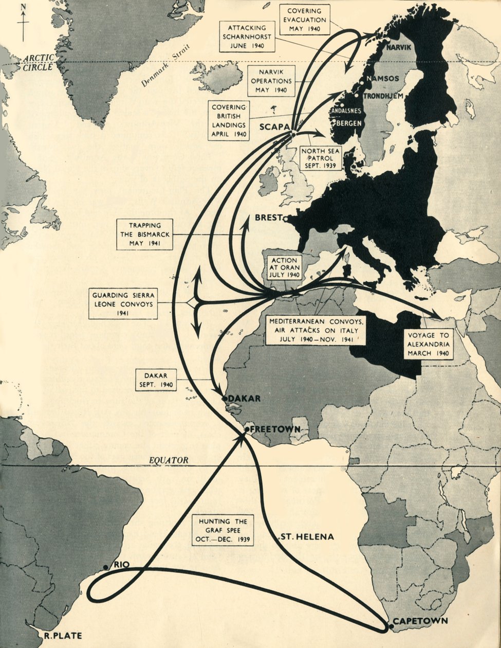 Carte montrant les mouvements du HMS Ark Royal - Unbekannt