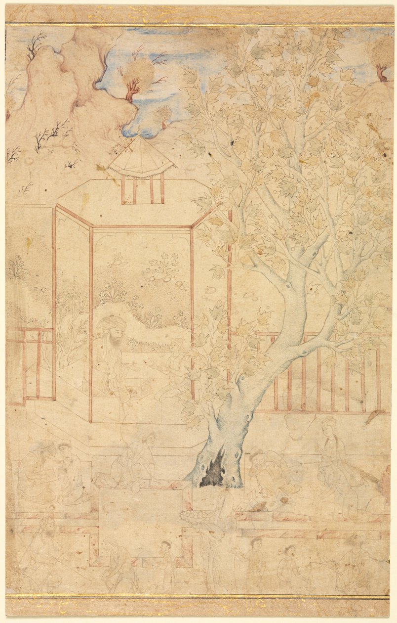 Maître et disciple dans un pavillon de jardin, illustration unique, vers 1570-1590 - Unbekannt