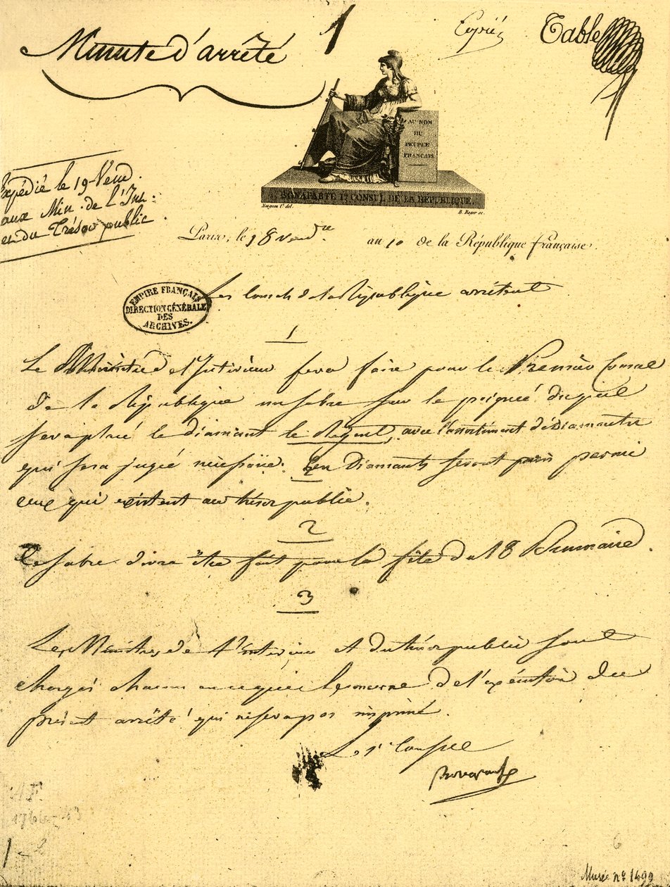 Ordre ministériel concernant...un...sabre pour le Premier Consul, 10 octobre 1801, 1921 - Unbekannt