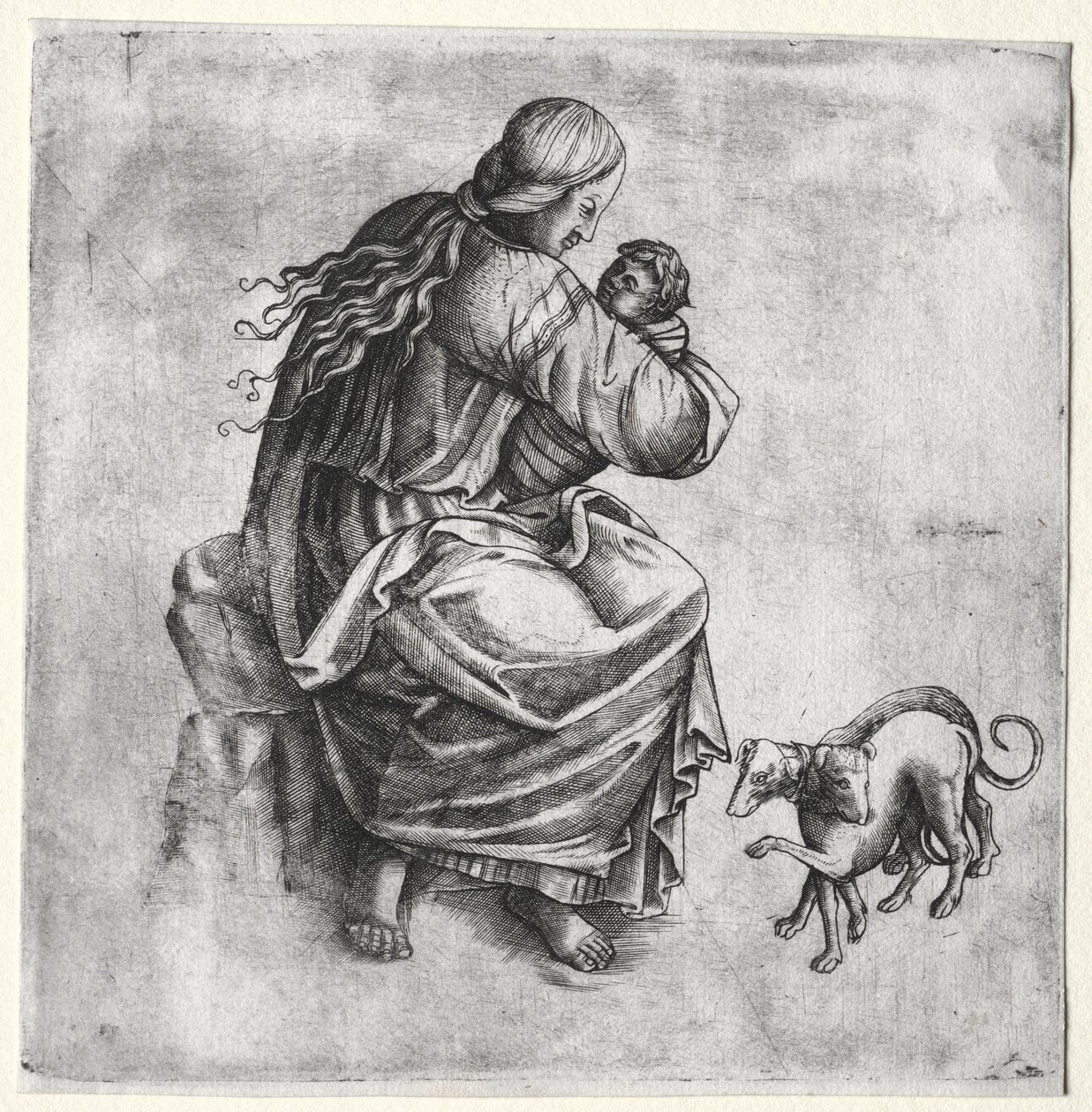 Mère et enfant avec deux chiens, fin des années 1400 - Unbekannt